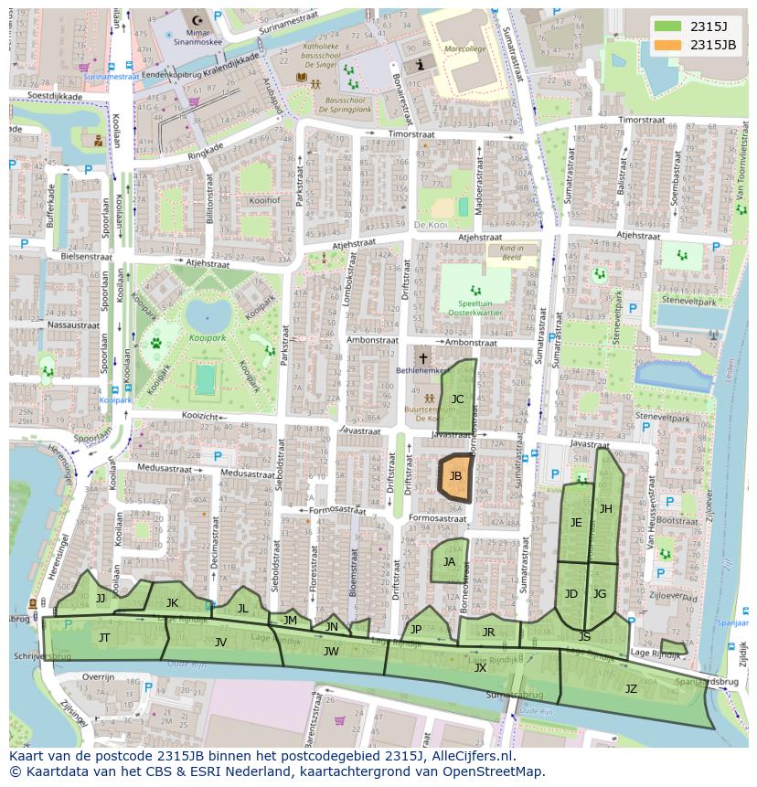 Afbeelding van het postcodegebied 2315 JB op de kaart.