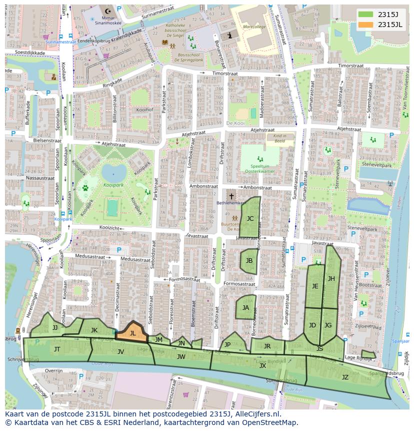 Afbeelding van het postcodegebied 2315 JL op de kaart.