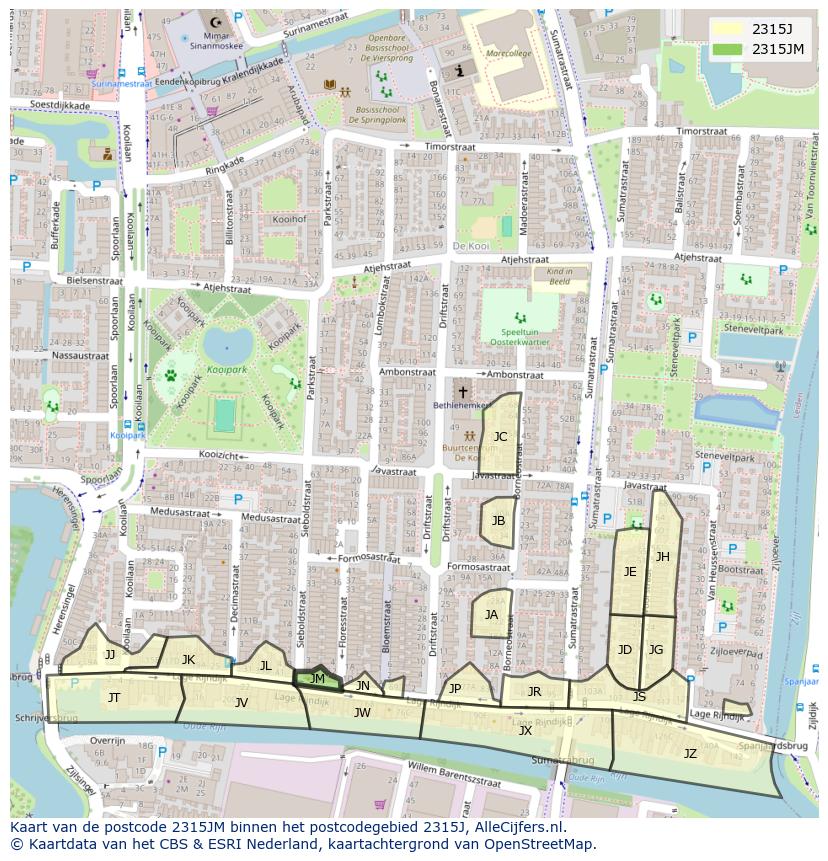 Afbeelding van het postcodegebied 2315 JM op de kaart.