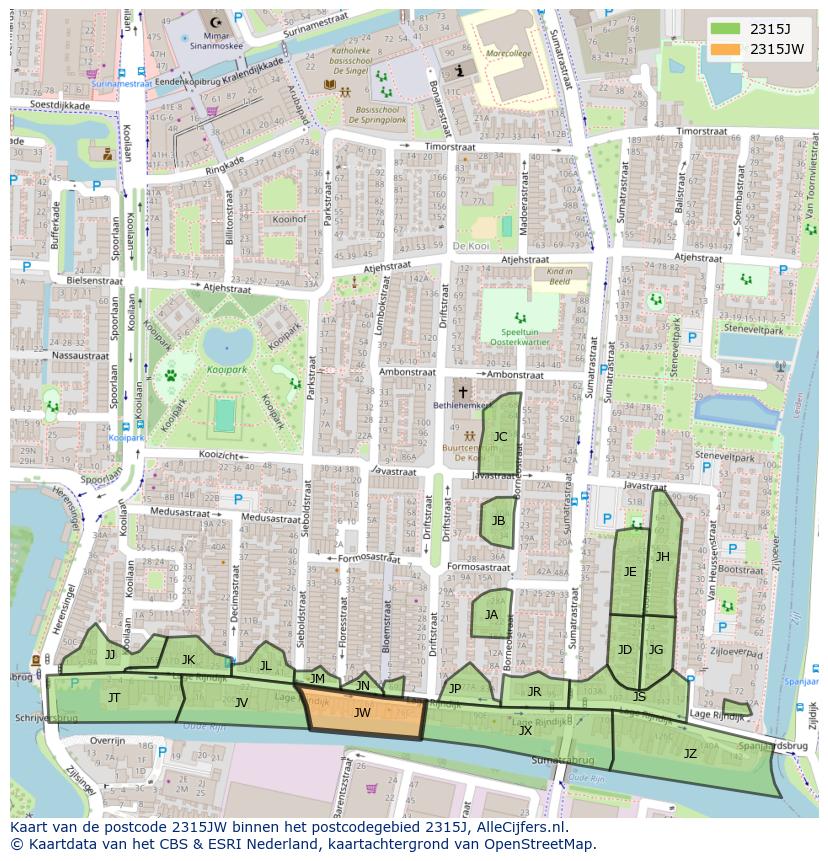 Afbeelding van het postcodegebied 2315 JW op de kaart.