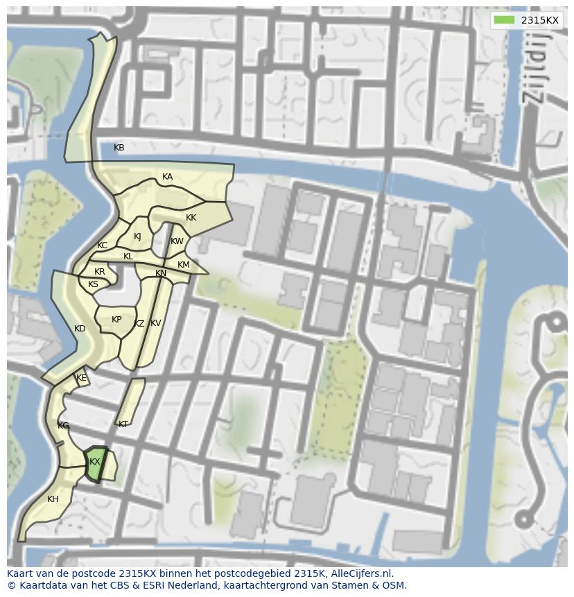 Afbeelding van het postcodegebied 2315 KX op de kaart.