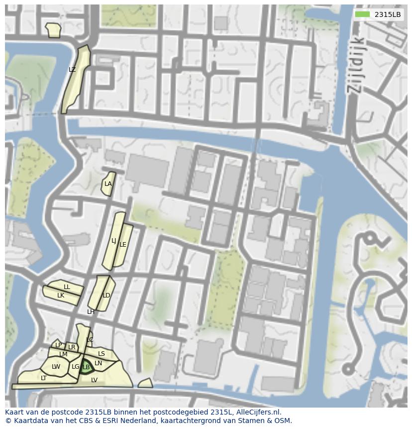 Afbeelding van het postcodegebied 2315 LB op de kaart.
