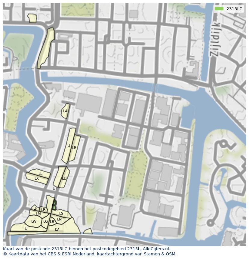 Afbeelding van het postcodegebied 2315 LC op de kaart.