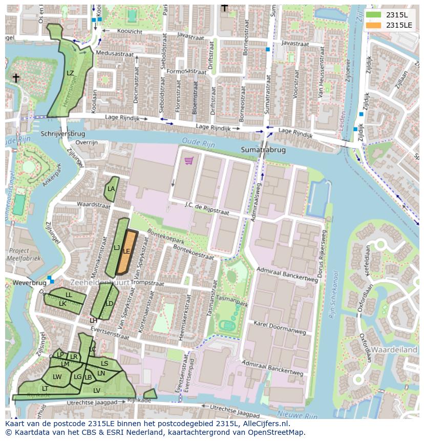 Afbeelding van het postcodegebied 2315 LE op de kaart.