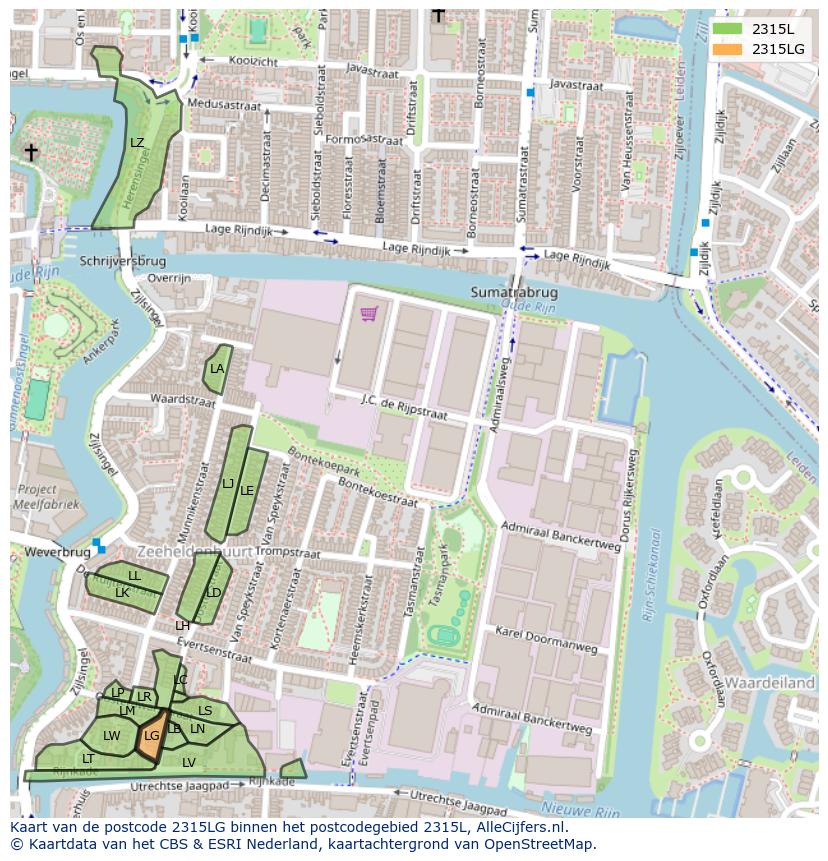 Afbeelding van het postcodegebied 2315 LG op de kaart.