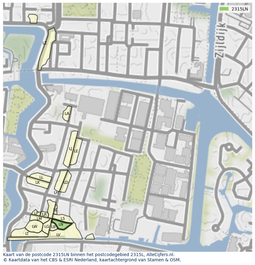 Afbeelding van het postcodegebied 2315 LN op de kaart.
