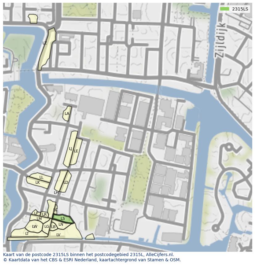 Afbeelding van het postcodegebied 2315 LS op de kaart.