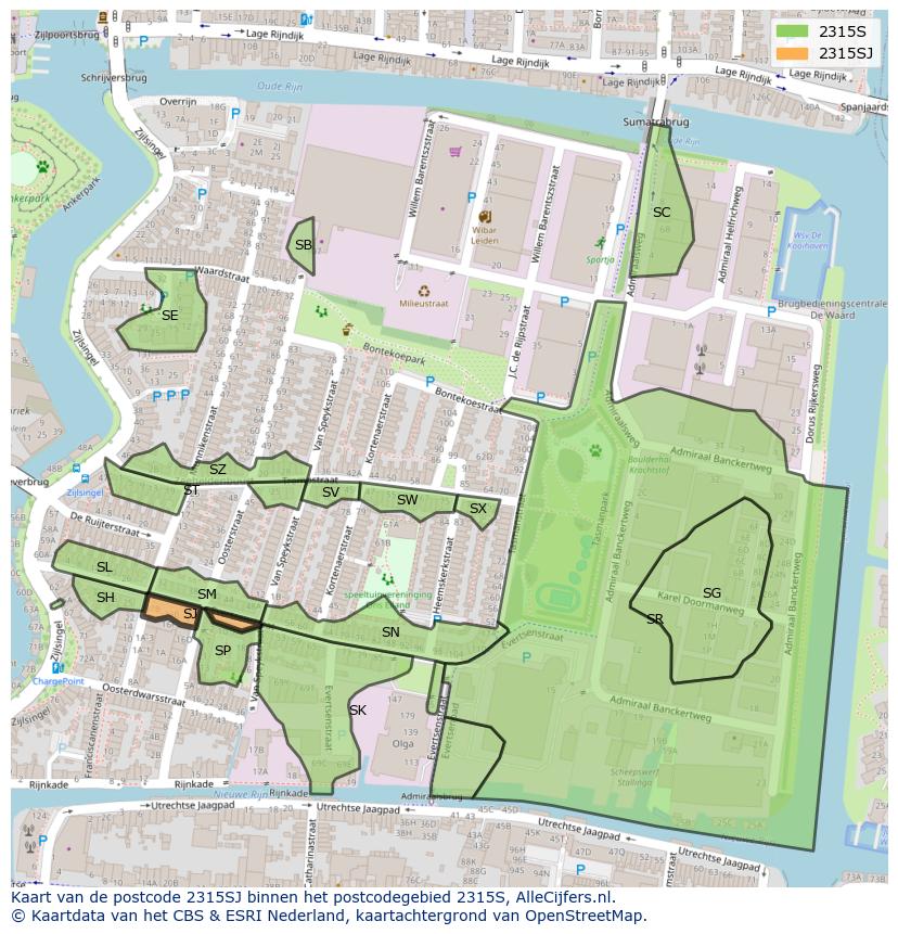 Afbeelding van het postcodegebied 2315 SJ op de kaart.