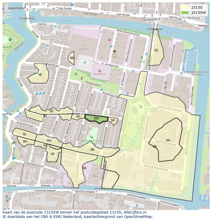 Afbeelding van het postcodegebied 2315 SW op de kaart.