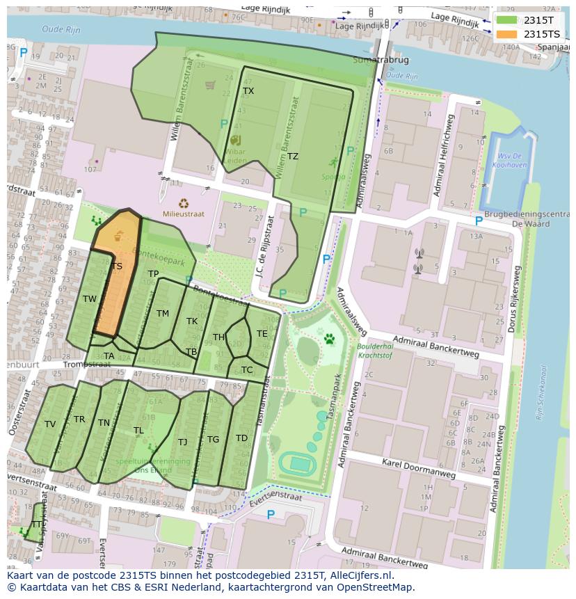 Afbeelding van het postcodegebied 2315 TS op de kaart.