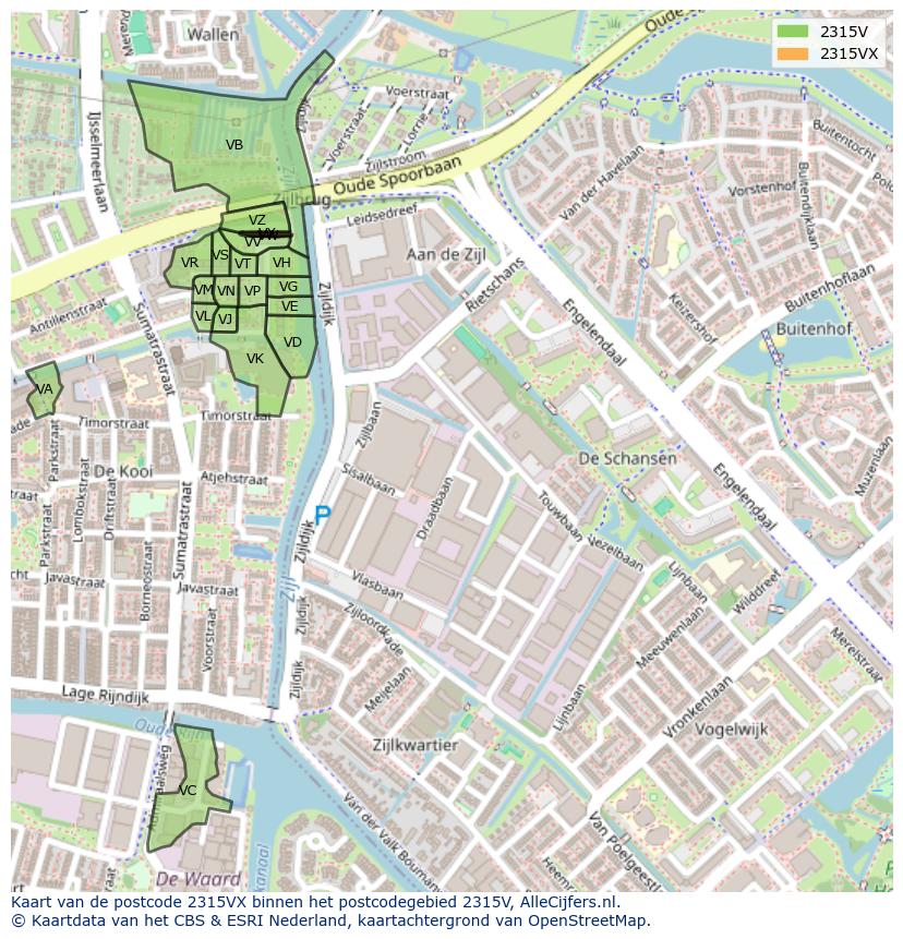 Afbeelding van het postcodegebied 2315 VX op de kaart.