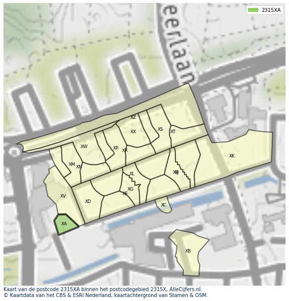 Afbeelding van het postcodegebied 2315 XA op de kaart.