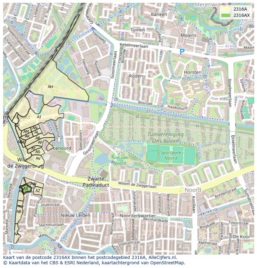 Afbeelding van het postcodegebied 2316 AX op de kaart.