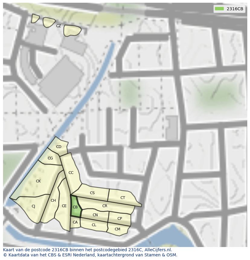 Afbeelding van het postcodegebied 2316 CB op de kaart.