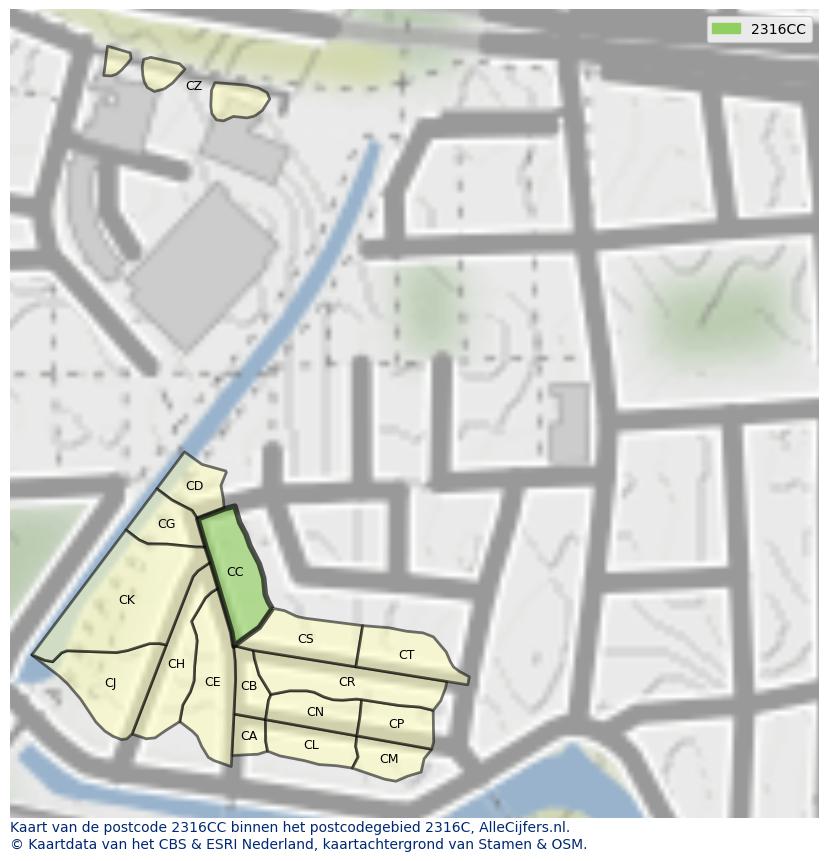 Afbeelding van het postcodegebied 2316 CC op de kaart.