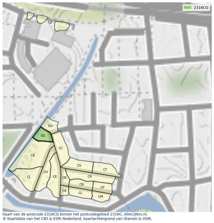 Afbeelding van het postcodegebied 2316 CG op de kaart.