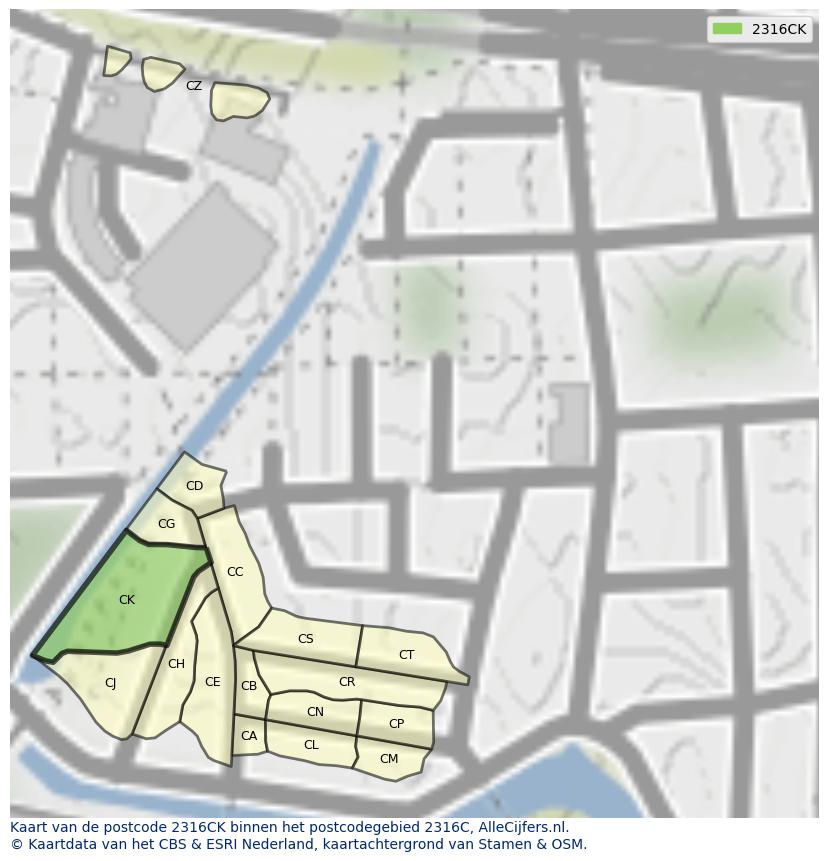 Afbeelding van het postcodegebied 2316 CK op de kaart.
