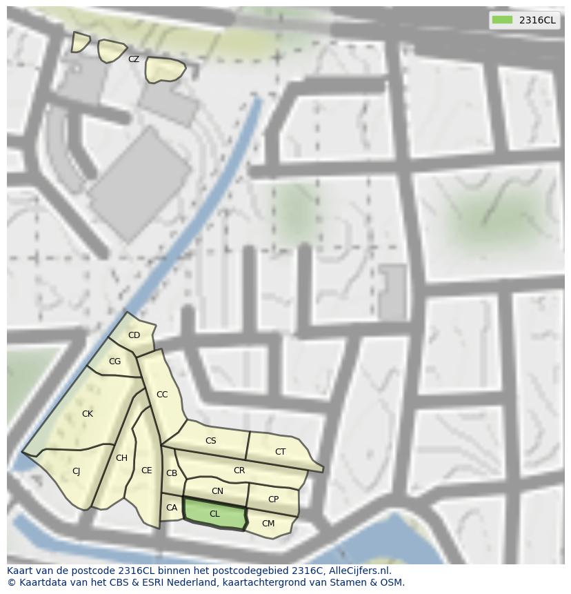 Afbeelding van het postcodegebied 2316 CL op de kaart.