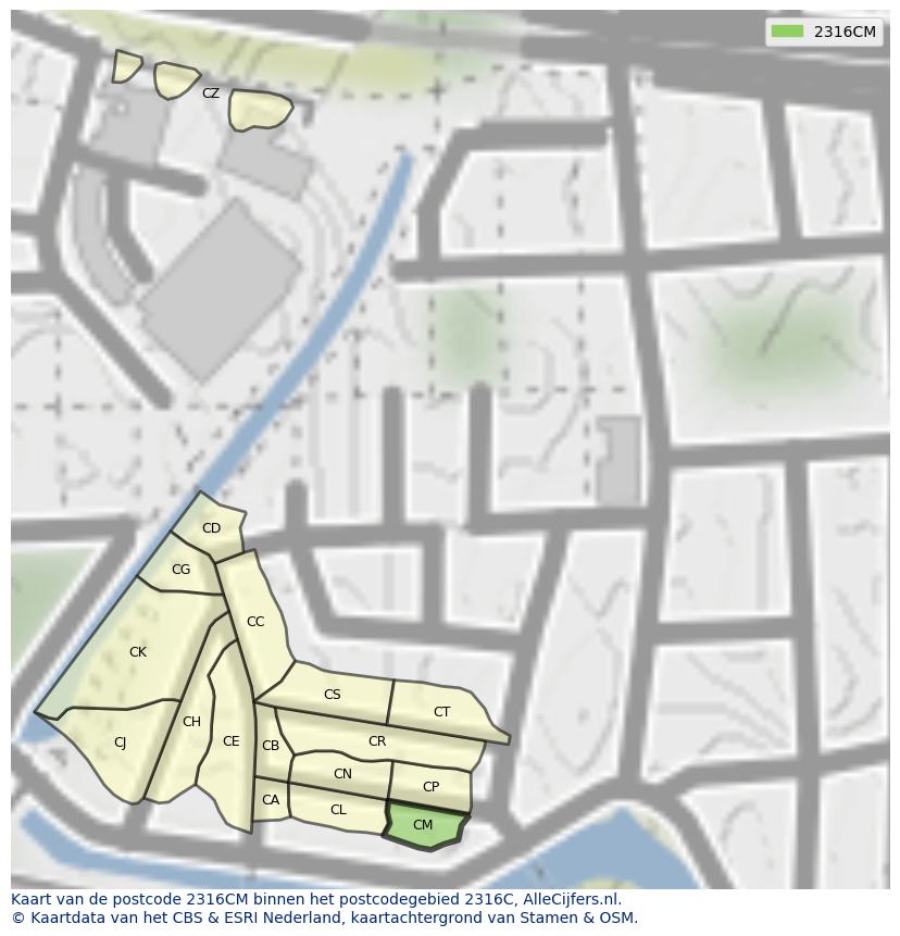 Afbeelding van het postcodegebied 2316 CM op de kaart.