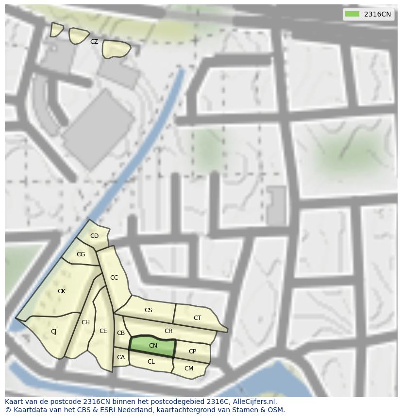 Afbeelding van het postcodegebied 2316 CN op de kaart.