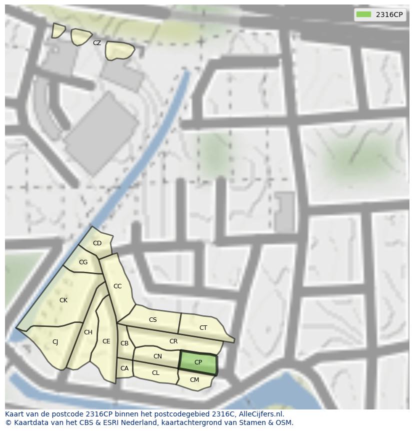 Afbeelding van het postcodegebied 2316 CP op de kaart.