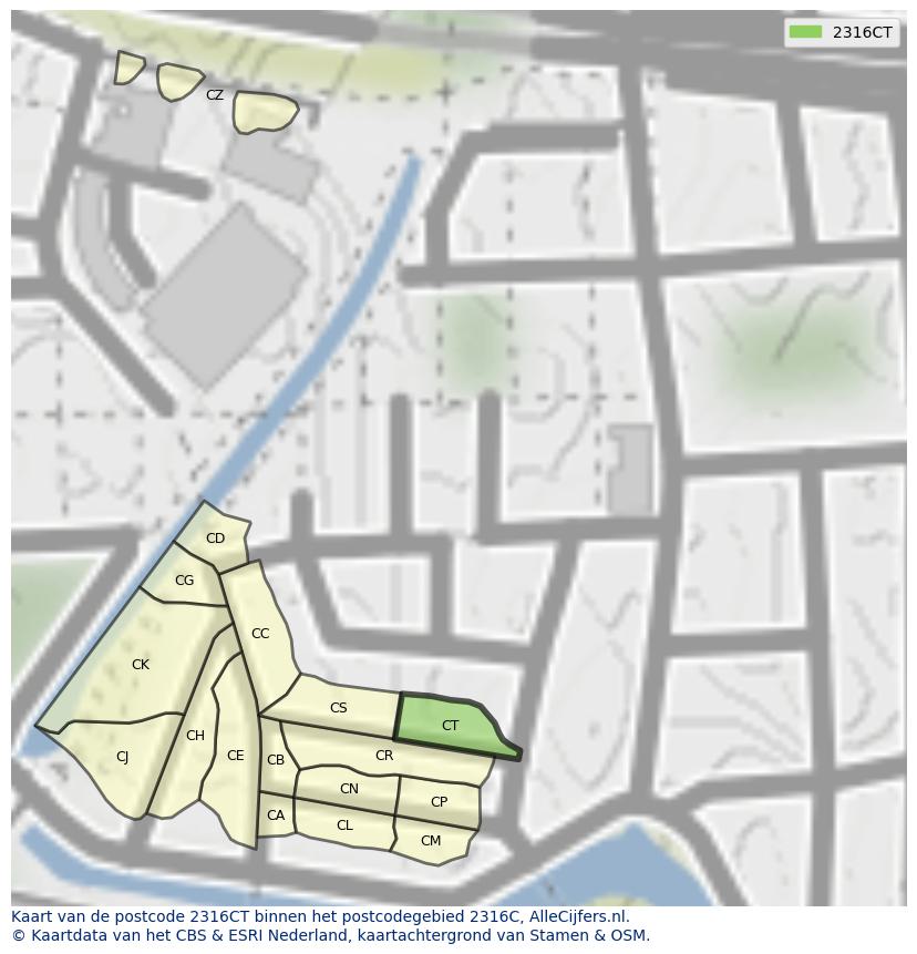Afbeelding van het postcodegebied 2316 CT op de kaart.