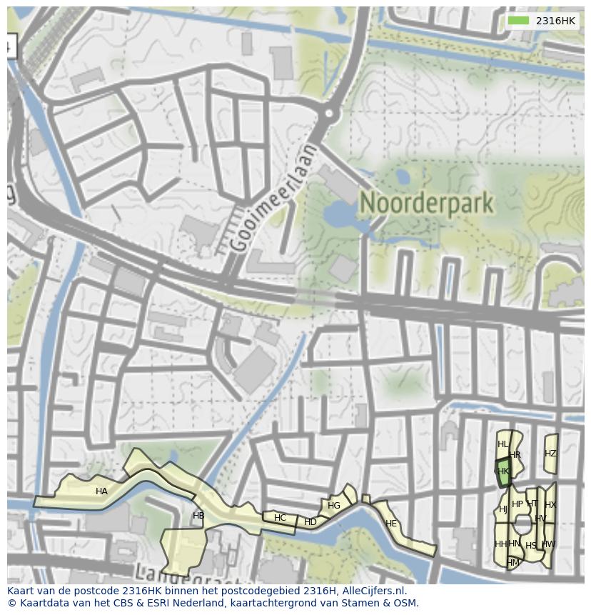 Afbeelding van het postcodegebied 2316 HK op de kaart.