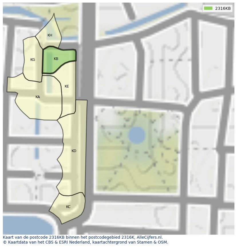 Afbeelding van het postcodegebied 2316 KB op de kaart.