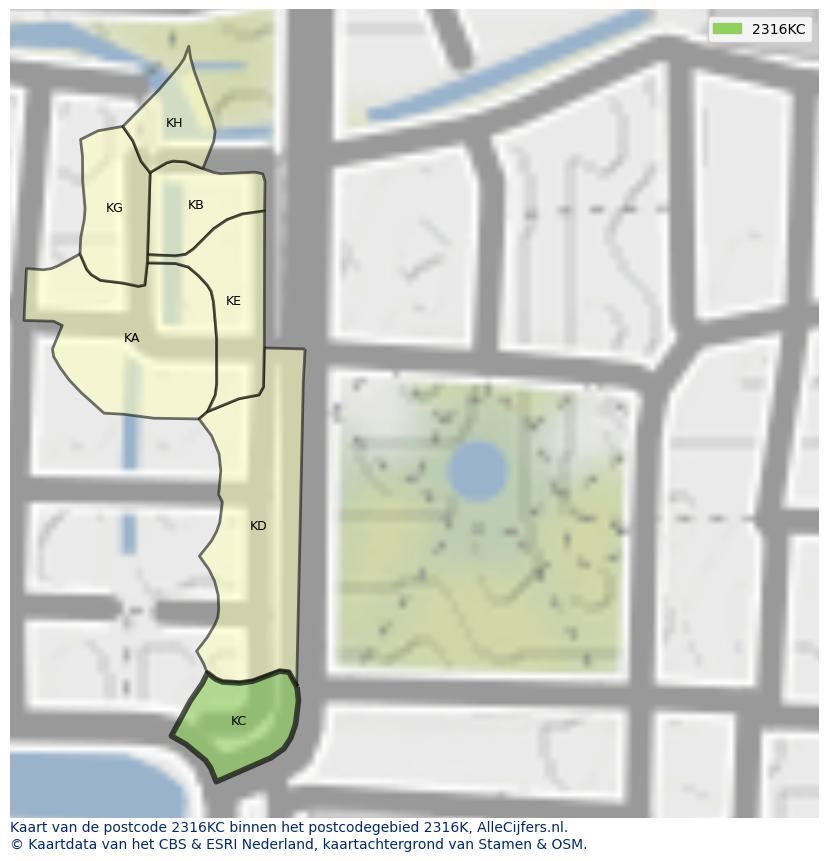 Afbeelding van het postcodegebied 2316 KC op de kaart.