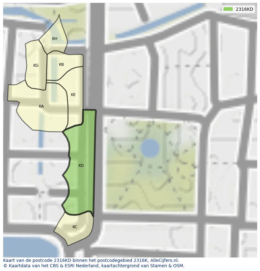 Afbeelding van het postcodegebied 2316 KD op de kaart.