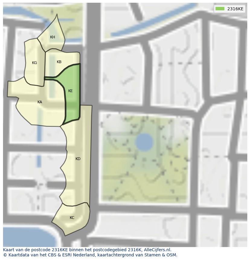 Afbeelding van het postcodegebied 2316 KE op de kaart.