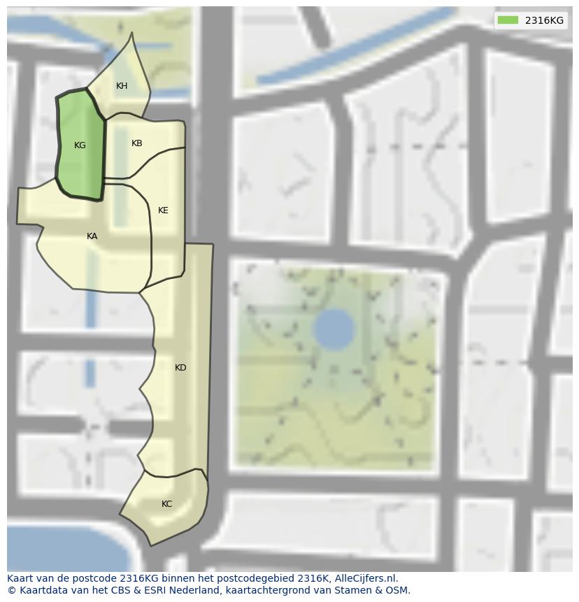 Afbeelding van het postcodegebied 2316 KG op de kaart.
