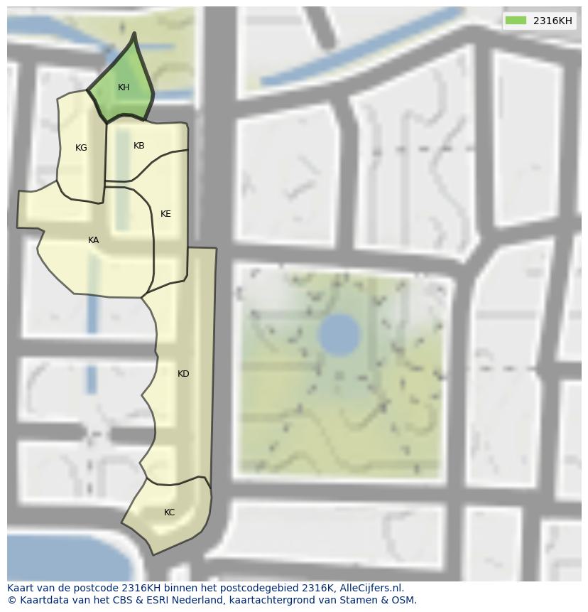 Afbeelding van het postcodegebied 2316 KH op de kaart.