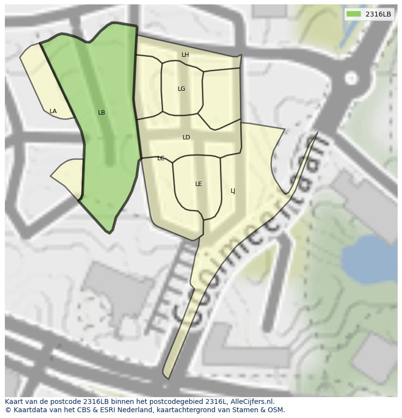Afbeelding van het postcodegebied 2316 LB op de kaart.