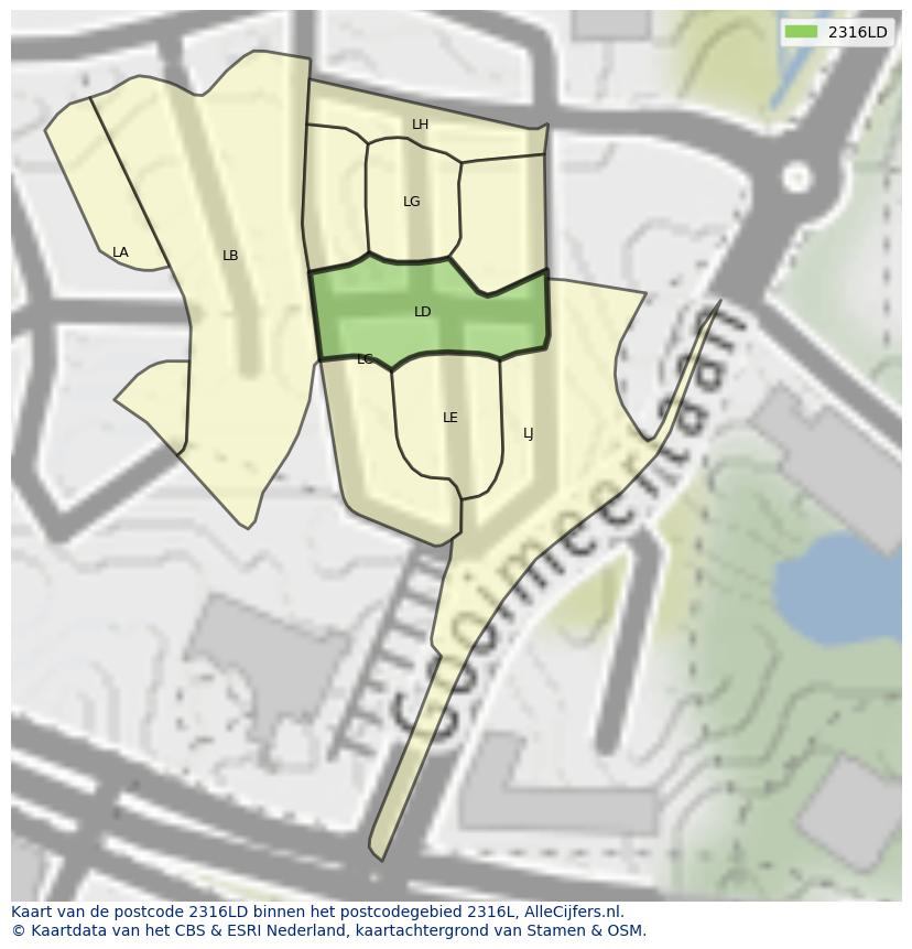 Afbeelding van het postcodegebied 2316 LD op de kaart.