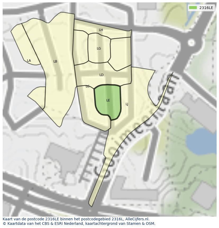 Afbeelding van het postcodegebied 2316 LE op de kaart.