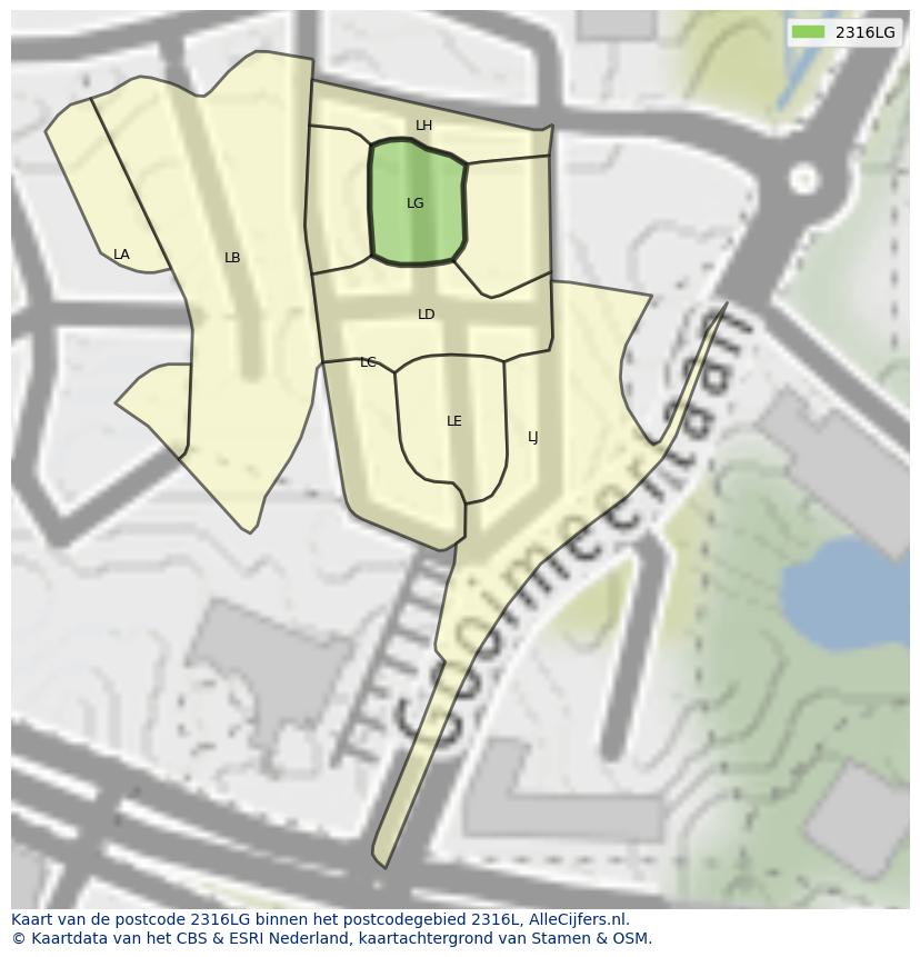 Afbeelding van het postcodegebied 2316 LG op de kaart.