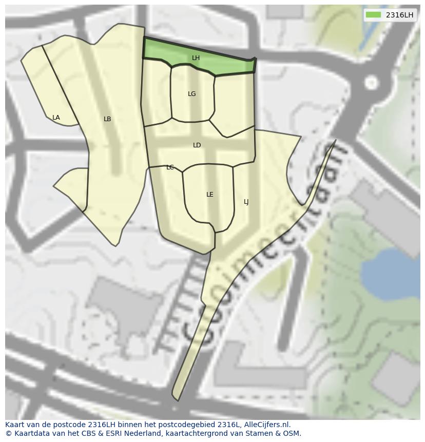 Afbeelding van het postcodegebied 2316 LH op de kaart.