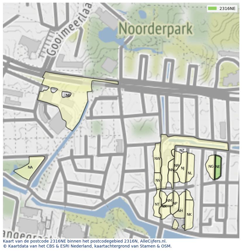 Afbeelding van het postcodegebied 2316 NE op de kaart.