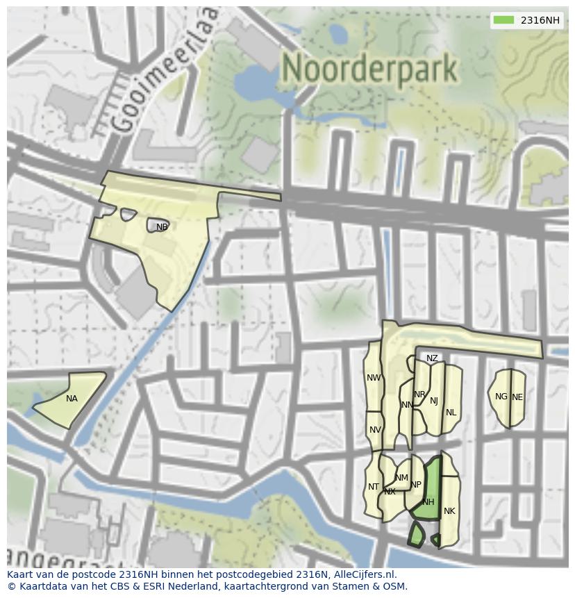 Afbeelding van het postcodegebied 2316 NH op de kaart.