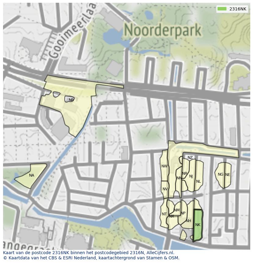 Afbeelding van het postcodegebied 2316 NK op de kaart.