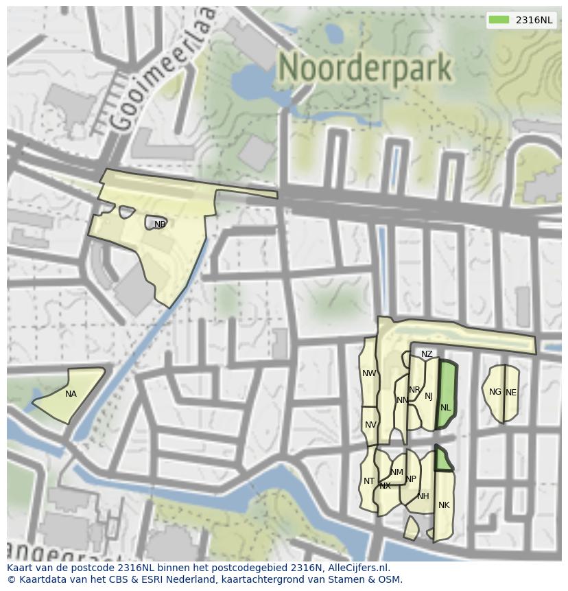 Afbeelding van het postcodegebied 2316 NL op de kaart.
