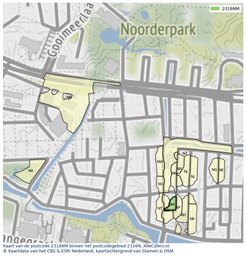 Afbeelding van het postcodegebied 2316 NM op de kaart.