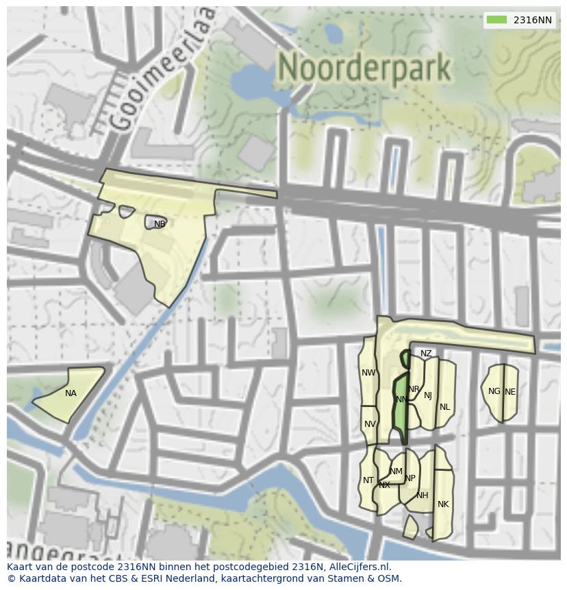 Afbeelding van het postcodegebied 2316 NN op de kaart.