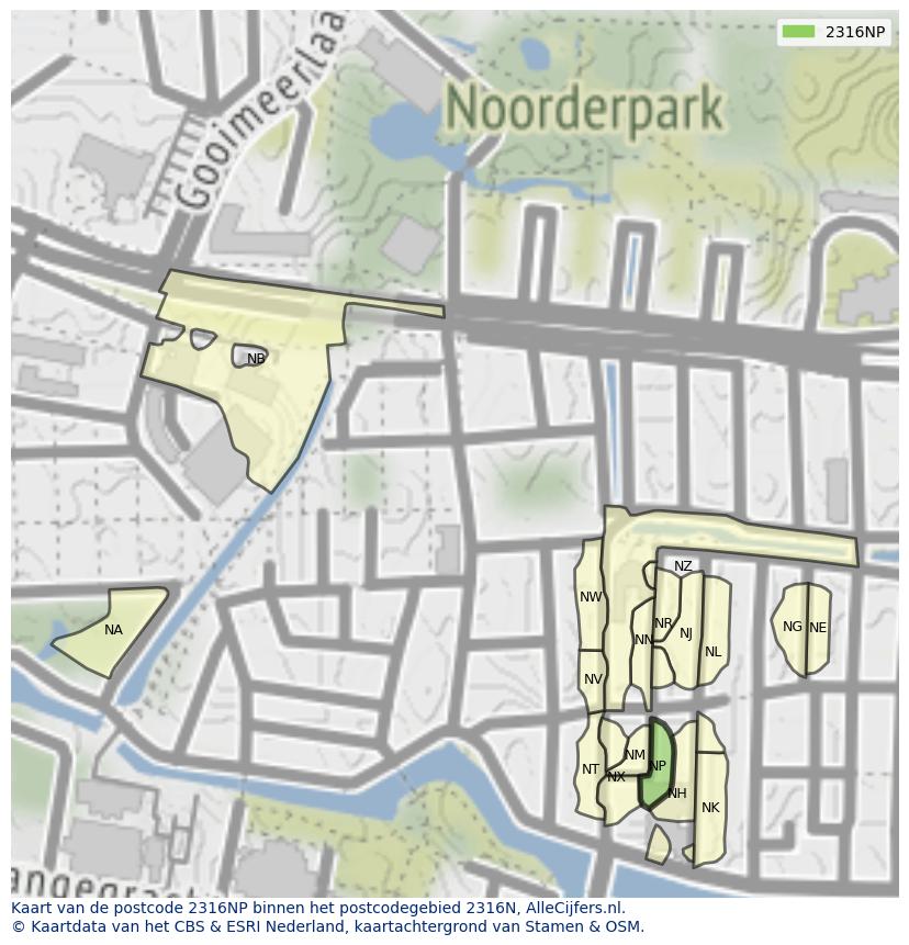 Afbeelding van het postcodegebied 2316 NP op de kaart.