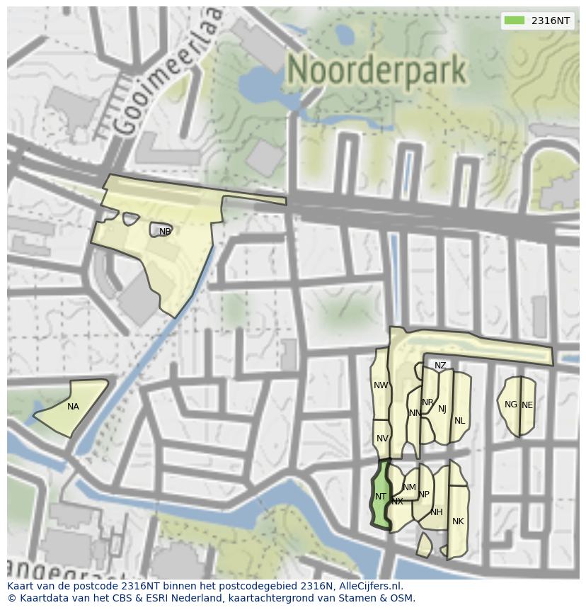 Afbeelding van het postcodegebied 2316 NT op de kaart.