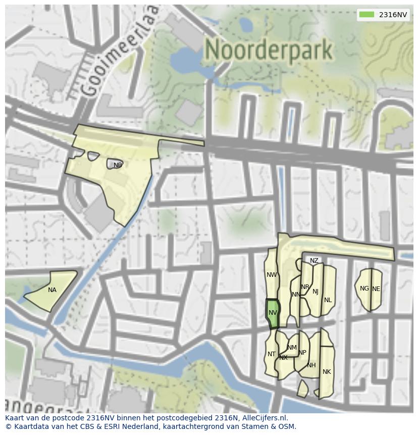 Afbeelding van het postcodegebied 2316 NV op de kaart.