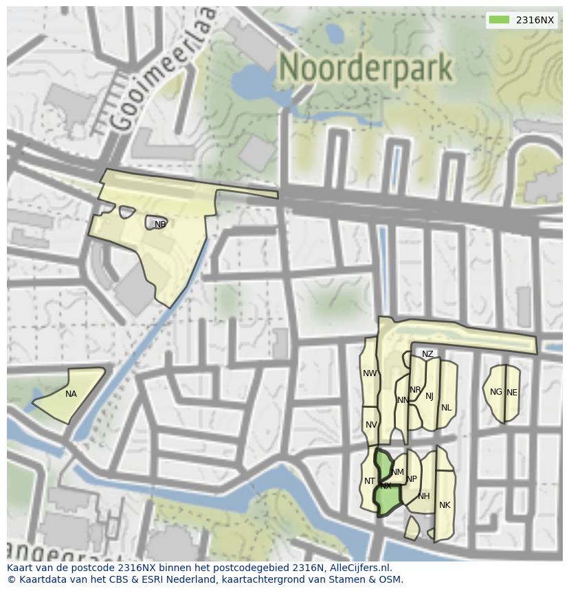 Afbeelding van het postcodegebied 2316 NX op de kaart.