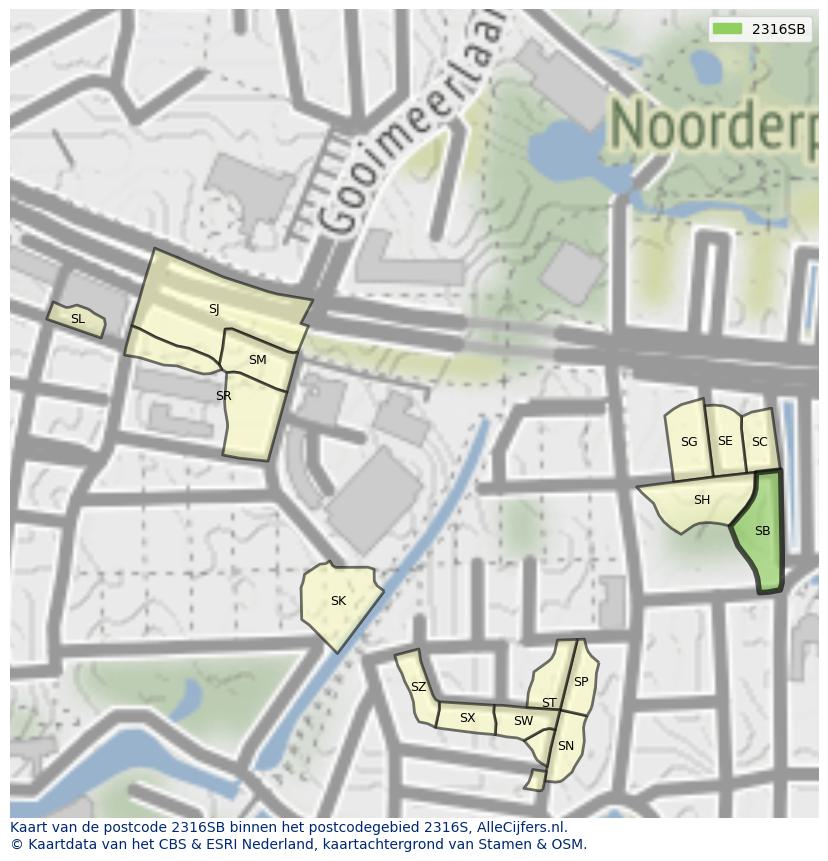 Afbeelding van het postcodegebied 2316 SB op de kaart.