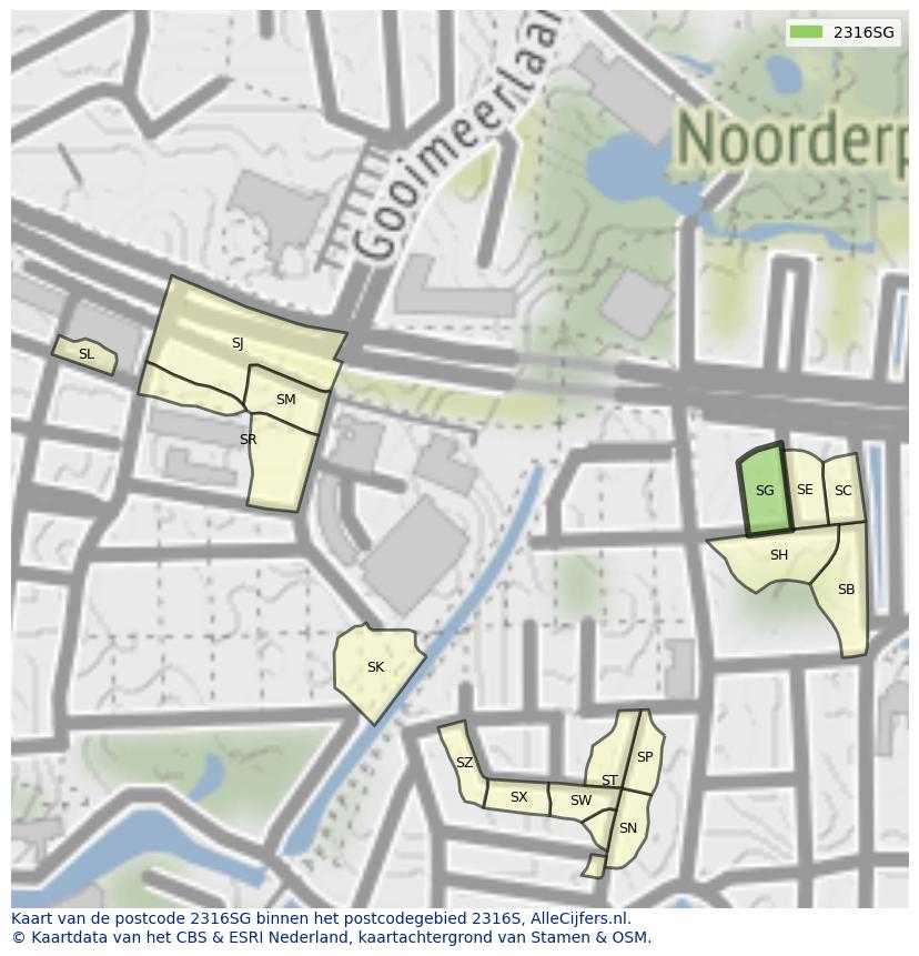 Afbeelding van het postcodegebied 2316 SG op de kaart.